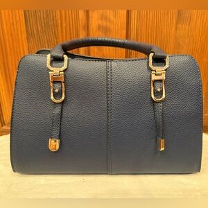 Navy Blue Structured Satchel Handbag Gold-Tone Hardware Xbody Strap Top Handle